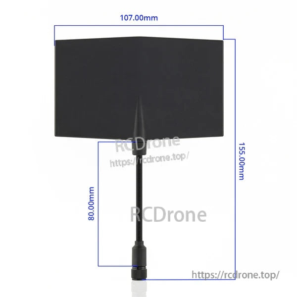 Bandit Moxon antenna dimensions diagram showing 107mm x 155mm panel with 80mm coax lead