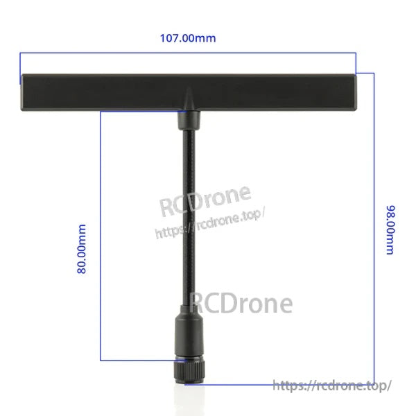 Bandit T antenna dimensional drawing showing 107mm x 98mm body and 80mm element length
