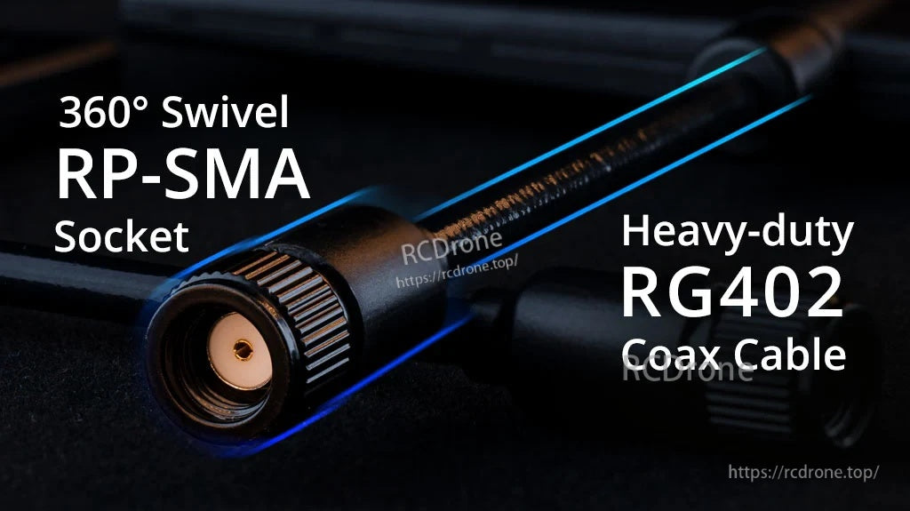 Bandit 915/868MHz T Antenna close-up of 360° swivel RP-SMA socket and RG402 coax cable