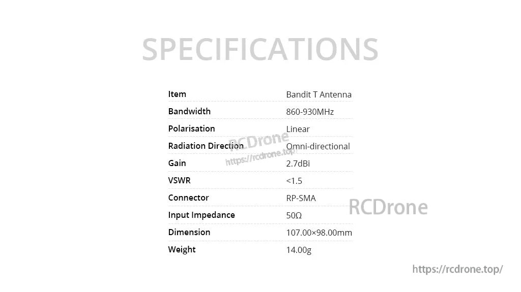 Bandit T Antenna specifications table showing 860–930MHz bandwidth, 2.7dBi gain, VSWR <1.5
