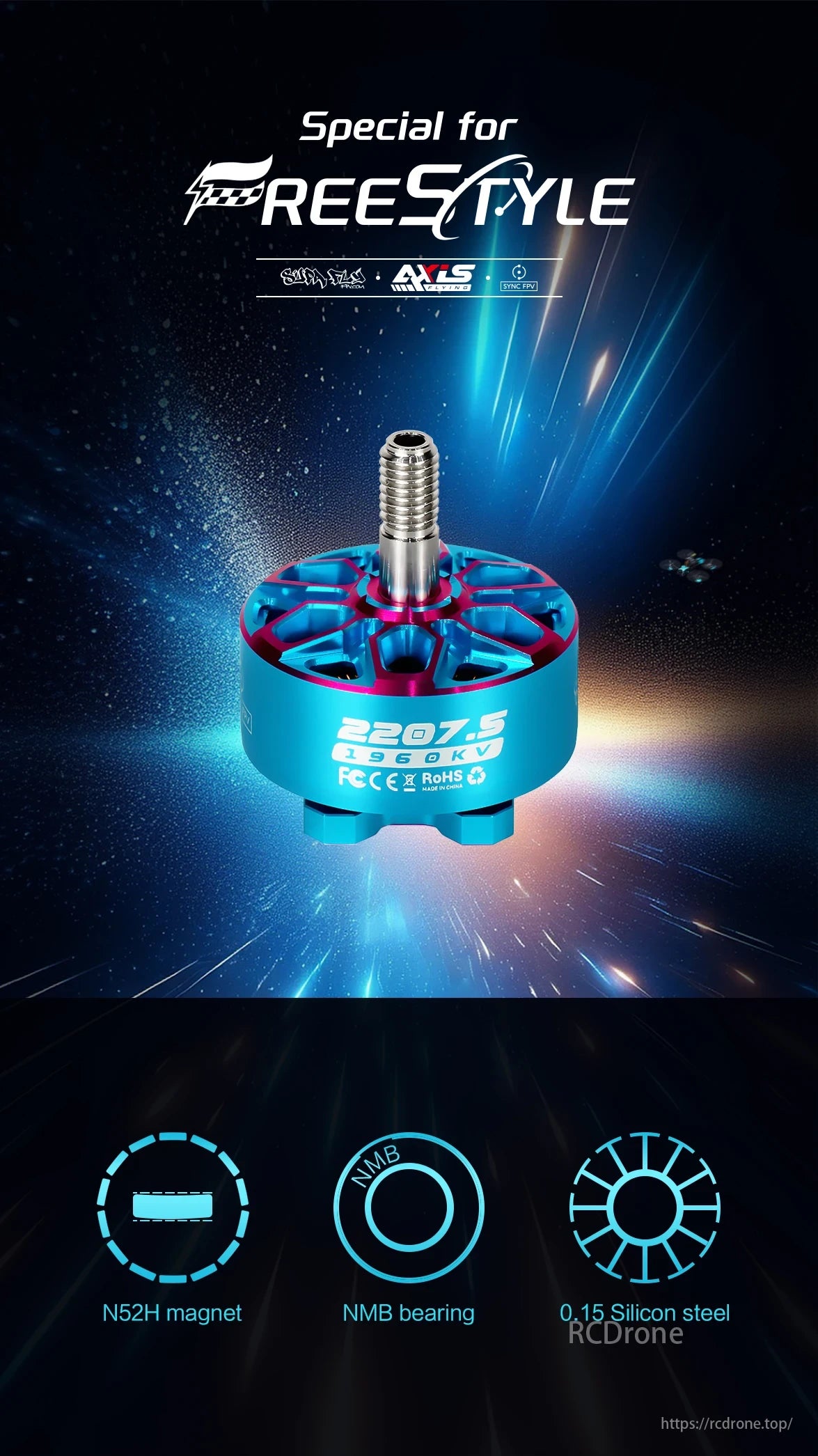 Freestyle Bando 2207.5 Brushless FPV Motor, 1960KV, with N52H magnet, NMB bearing, and 0.15 silicon steel for top performance.