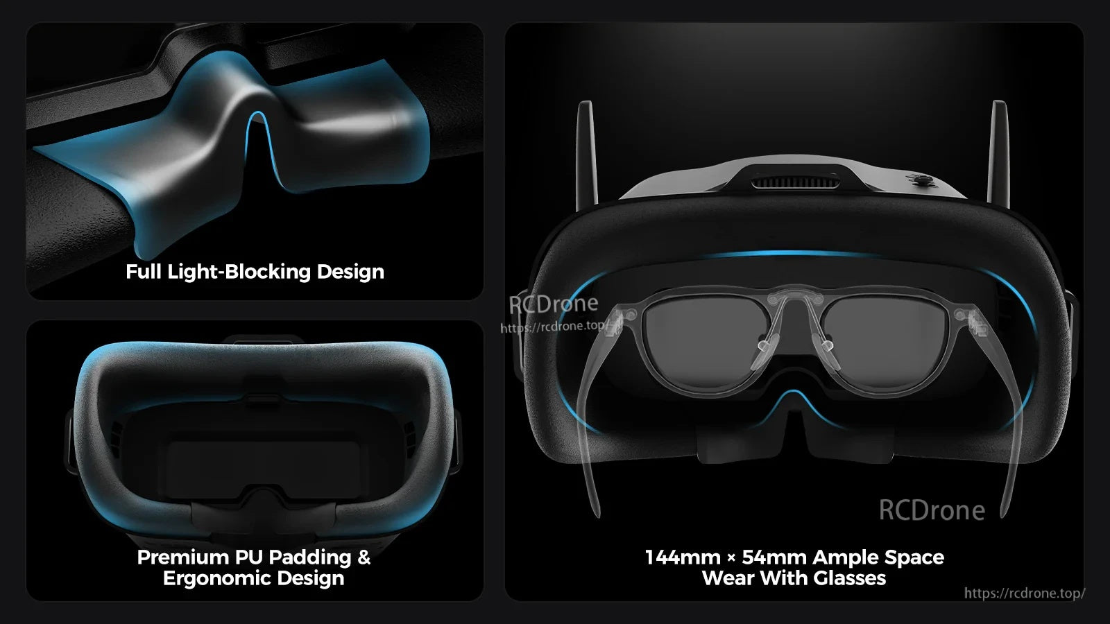 BETAFPV FPV goggles with full light-blocking design, PU face padding, and 144mm x 54mm interior space