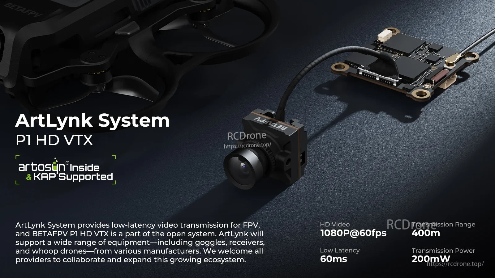 BETAFPV ArtLynk System P1 HD VTX kit with FPV camera, VTX board, and antenna on a dark background
