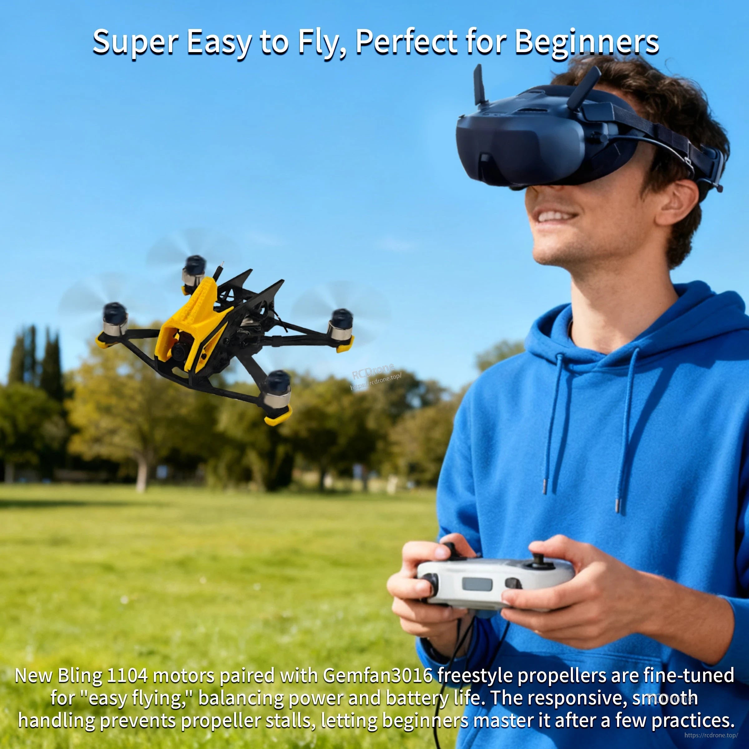 Beginner flying scene with BabyApe III and FPV goggles, highlighting easy handling and smooth tune