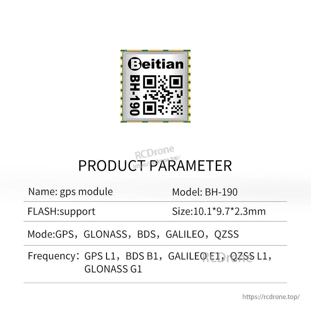 Beitian BH-190 GNSS module front view with product parameter text and GLONASS support
