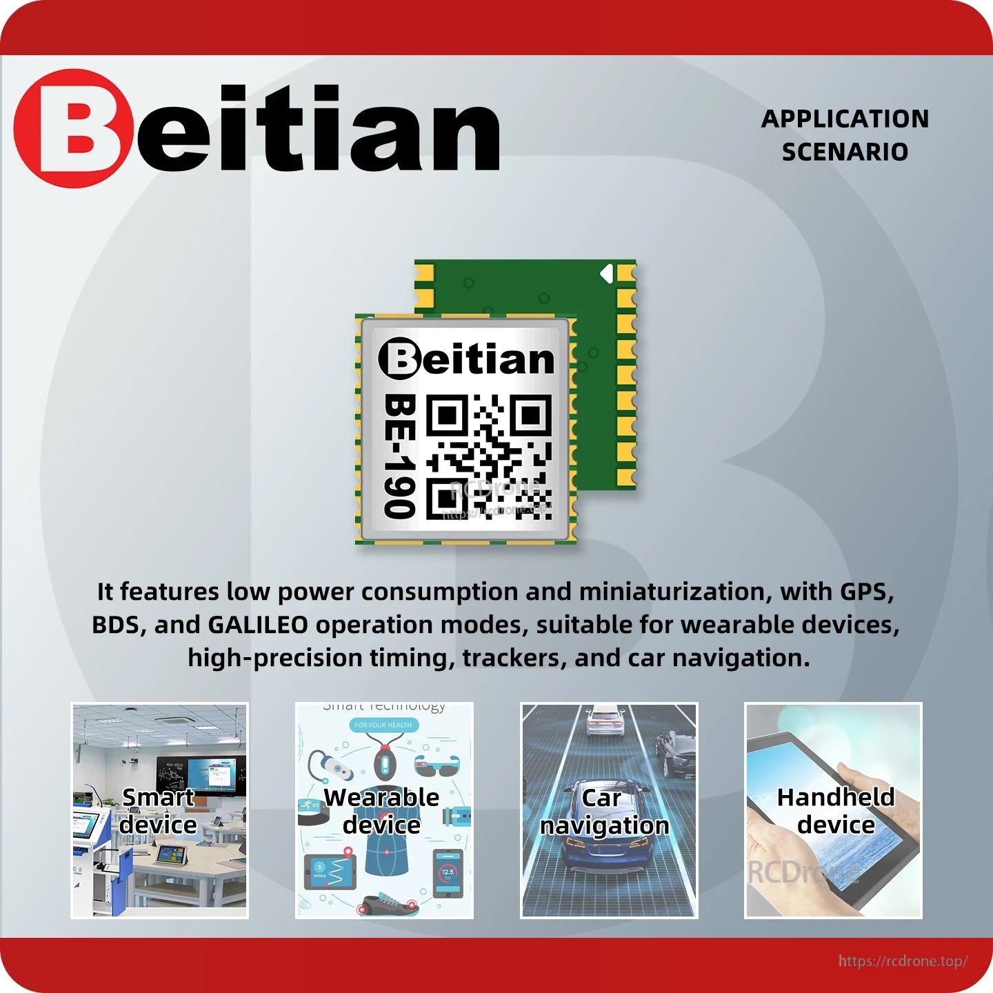 Beitian BE-190 GNSS module application scenario graphic showing smart device, wearable, car, and handheld uses