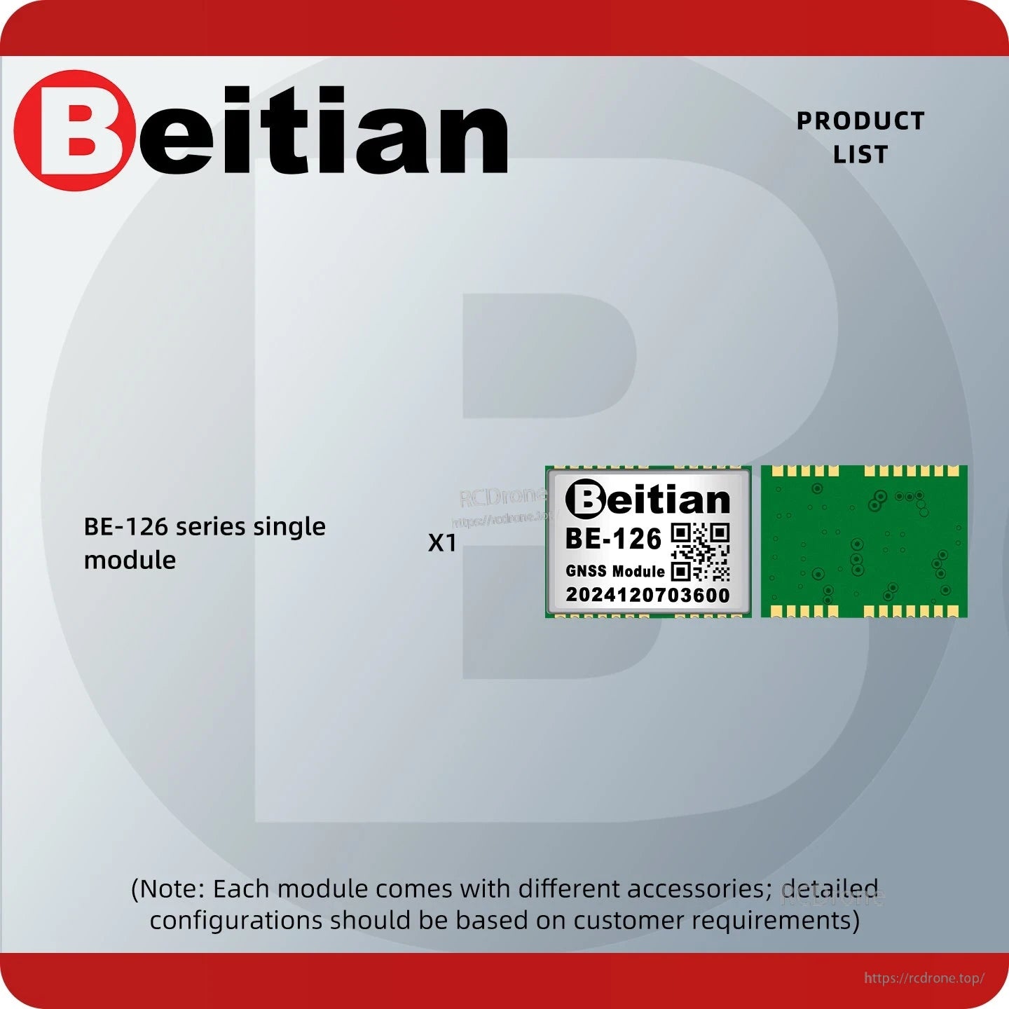Beitian BE-126 series single module package list showing one module and the circuit board back side