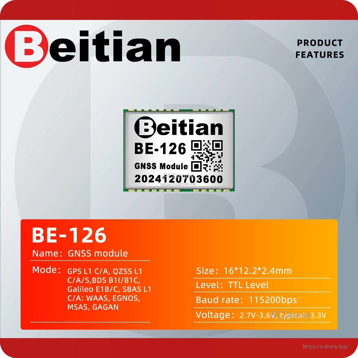 Beitian BE-126 GNSS module product features graphic with size, TTL level, and baud rate details