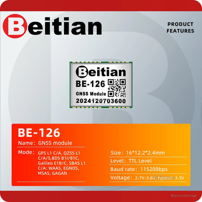 Beitian BE-126 GNSS module product features graphic with size, TTL level, and baud rate details