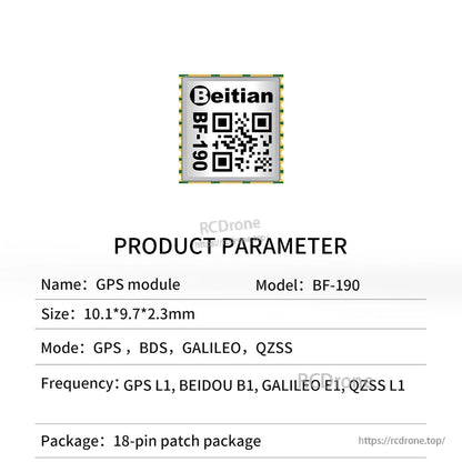 Beitian BF-190 GNSS module front view with product parameter text and 18-pin patch package