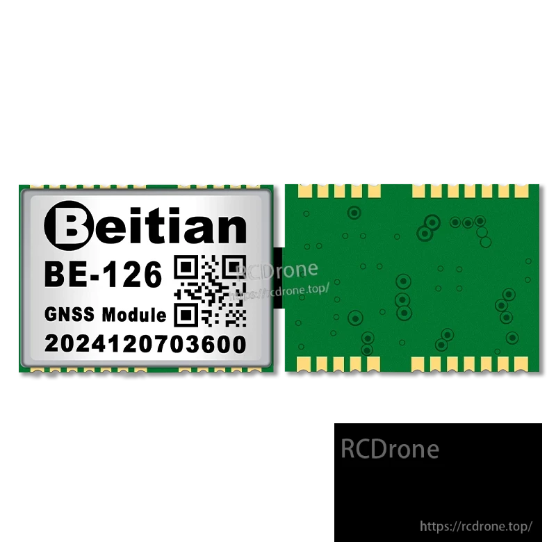 Beitian BE-126 module front and back PCB on a black background