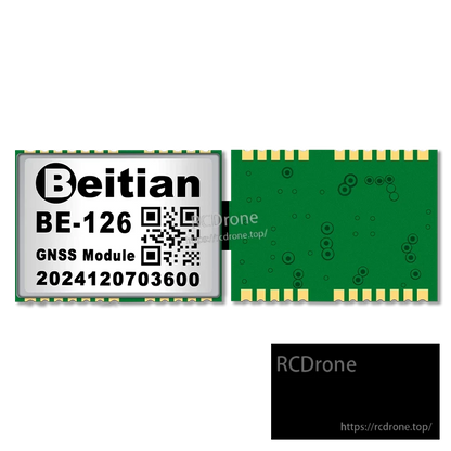 Beitian BE-126 module front and back PCB on a black background