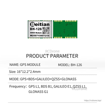 Beitian BH-126 product parameter sheet showing module front and back with size and supported GNSS modes