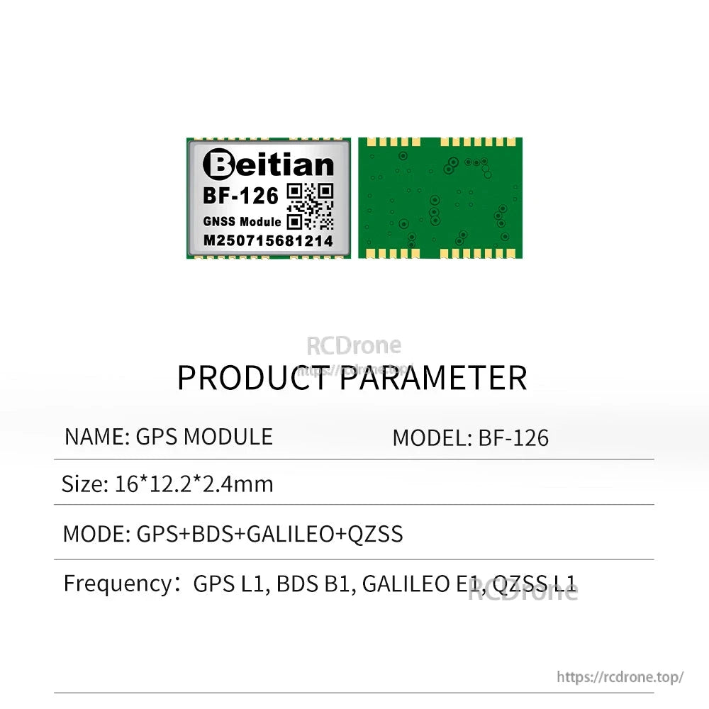 Beitian BF-126 product parameter sheet showing module front and back with size and supported GNSS modes