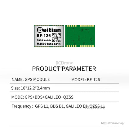 Beitian BF-126 product parameter sheet showing module front and back with size and supported GNSS modes