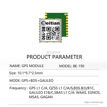 Beitian BE-190 product parameter sheet showing module front and back with size and supported GNSS modes