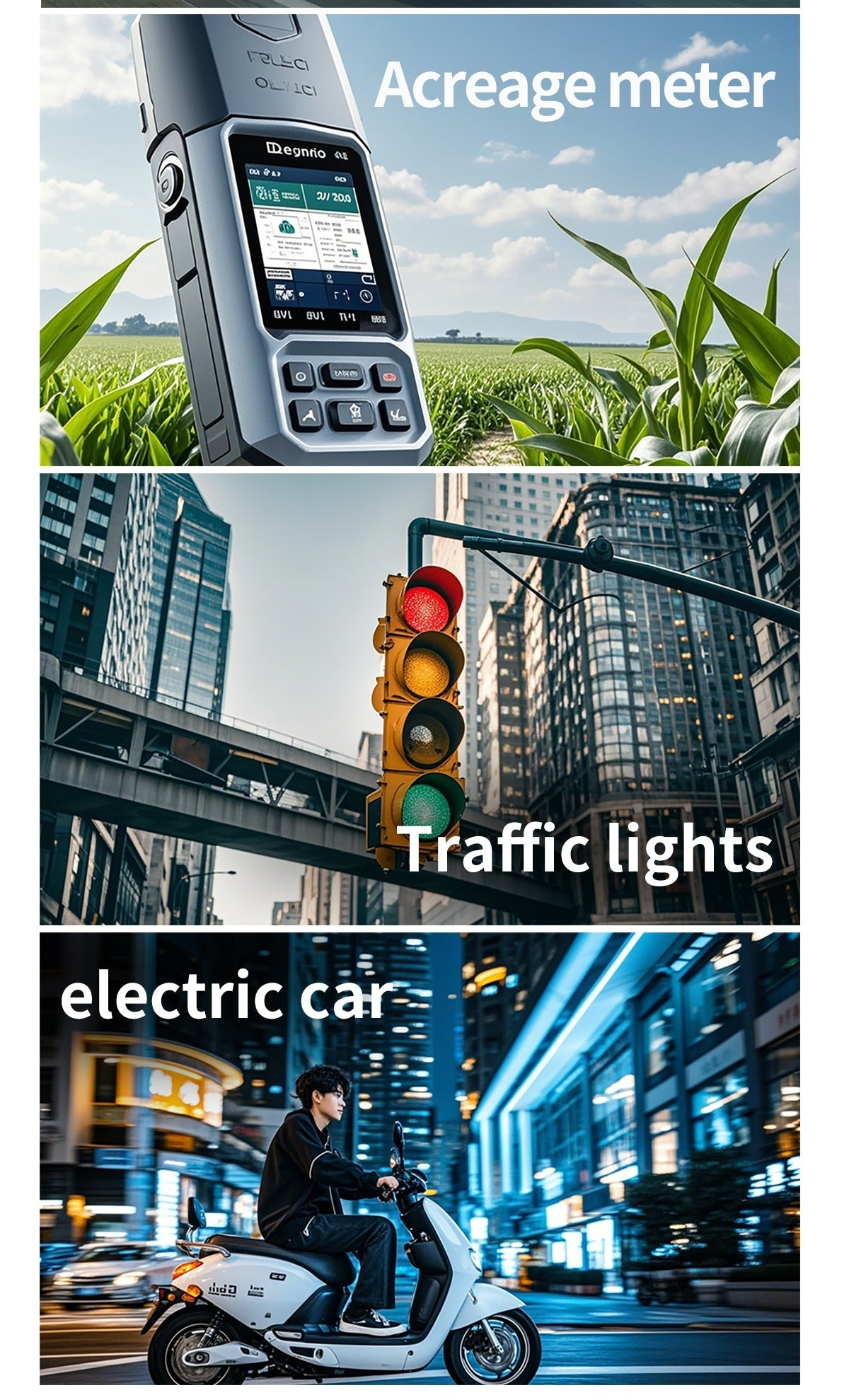 Application examples collage for GNSS antenna: acreage meter, traffic light control, and electric vehicle use cases