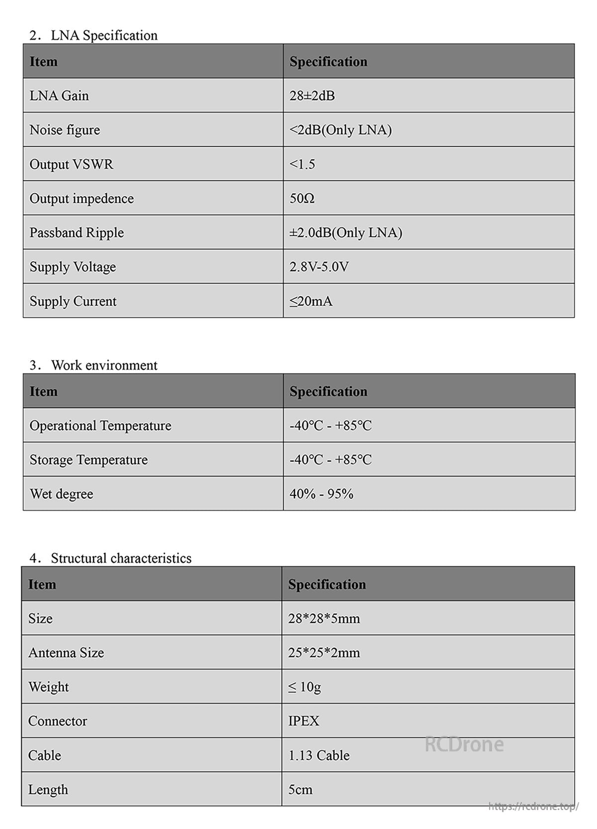 LNA specification and environmental/structural table: 28±2 dB gain, 2.8–5.0 V, ≤20 mA, -40 to +85 °C, IPEX