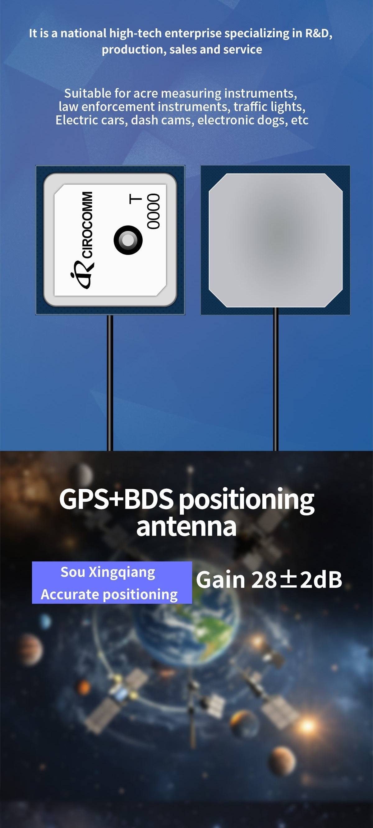 Beitian active ceramic patch antenna module with GPS+BDS positioning and 28±2 dB LNA gain callout