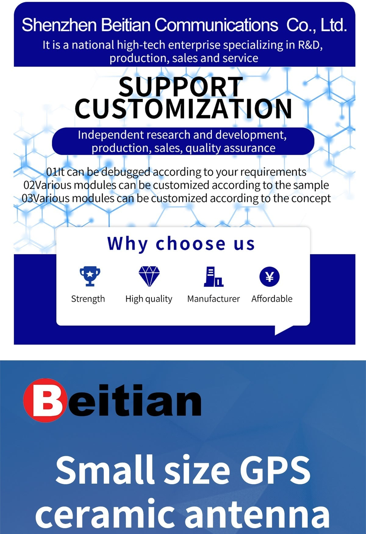 Beitian brand graphic highlighting support for customization and small-size GPS ceramic antenna modules