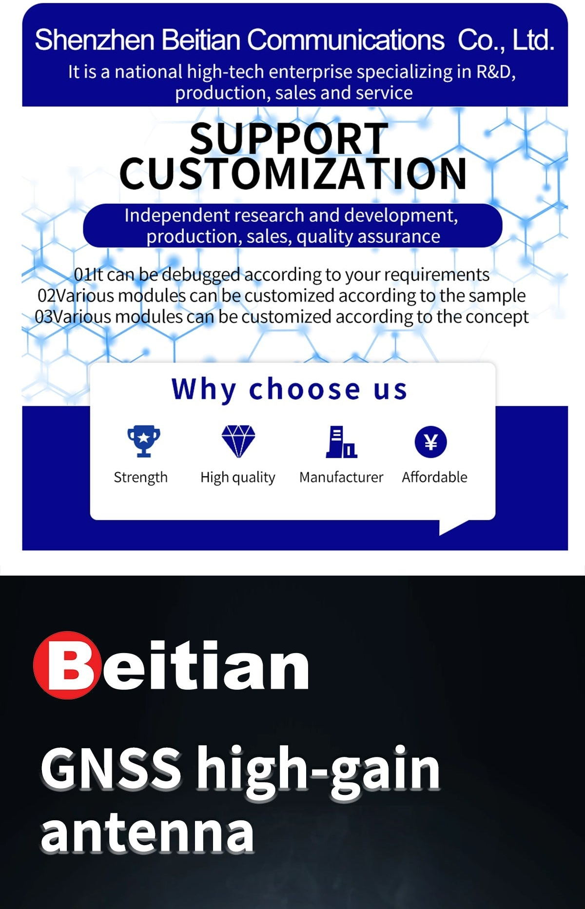 Beitian customization banner highlighting Shenzhen Beitian Communications Co., Ltd. support for OEM antenna and module projects