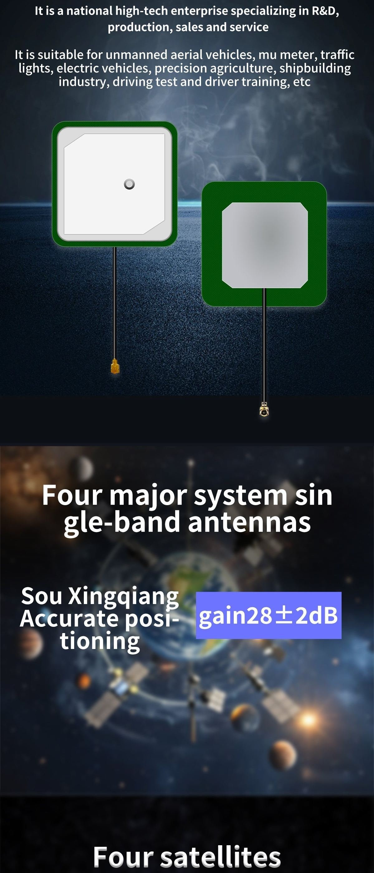 Beitian BT-354GBL 28±2dB GNSS GPS antenna graphic with compact ceramic patch and high-gain positioning focus