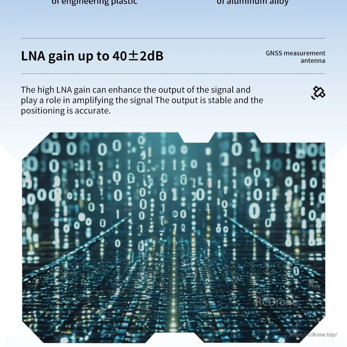 LNA gain graphic indicating up to 40±2 dB for stable GNSS signal amplification in the BT-47N antenna
