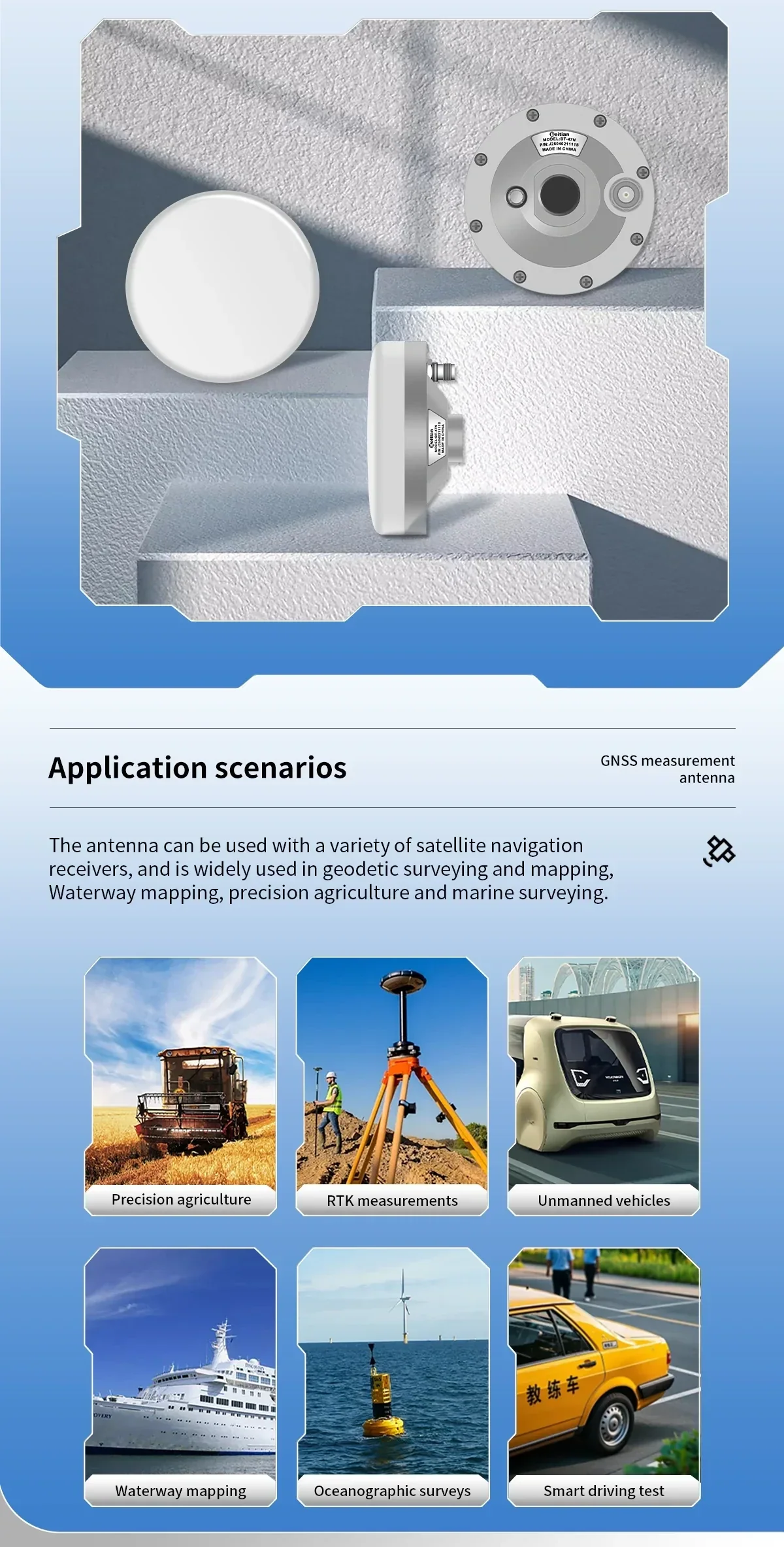BT-47N antenna views (top, side, bottom) plus application scenarios icons for agriculture, RTK, UAV, mapping, and marine