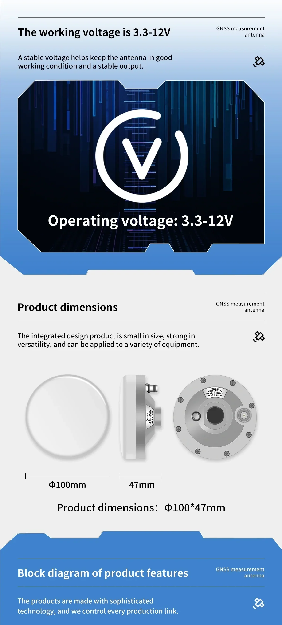 Operating voltage 3.3–12V graphic and BT-47N product dimensions diagram showing 100 mm diameter by 47 mm height