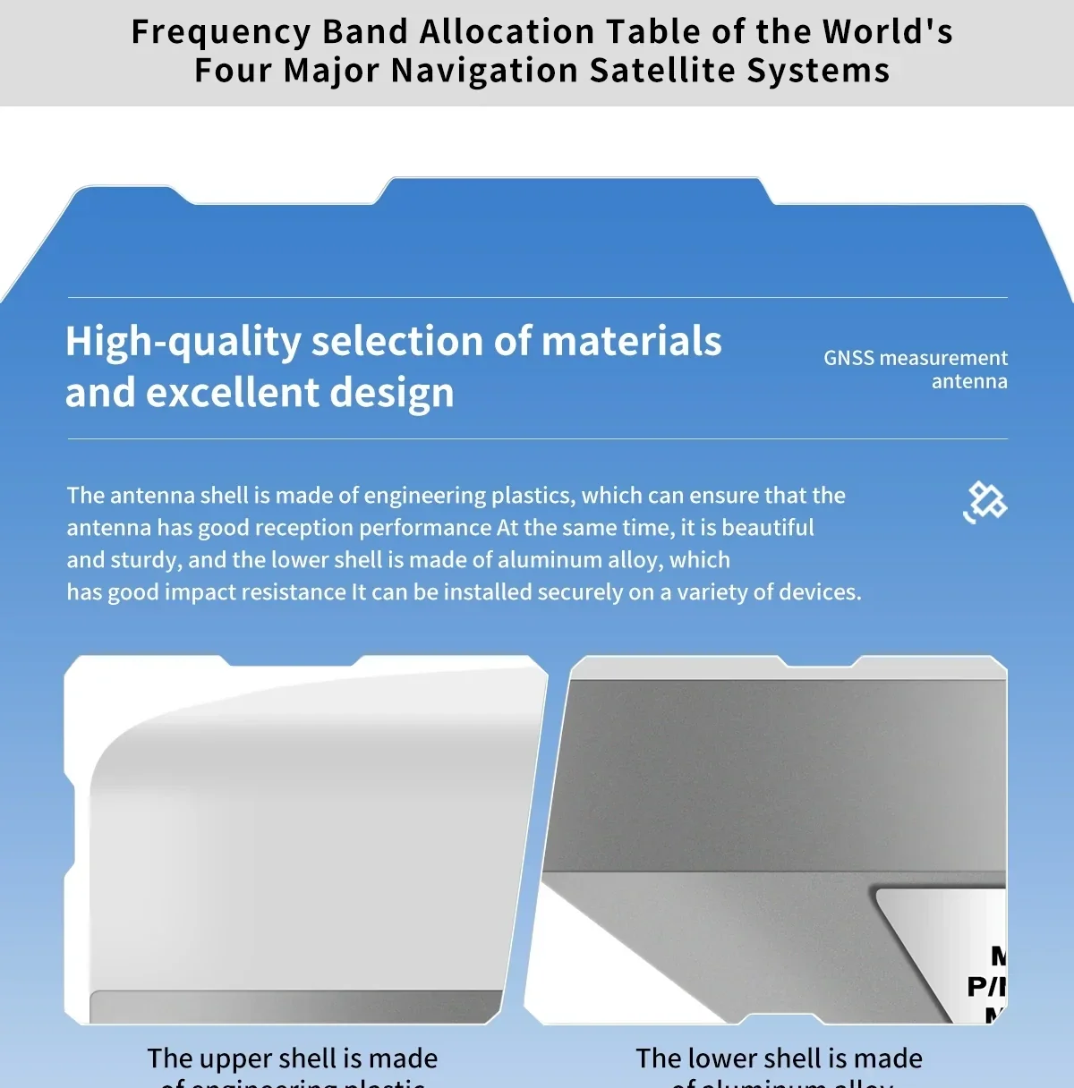 Materials and housing design graphic showing engineering plastic upper shell and aluminum alloy lower shell
