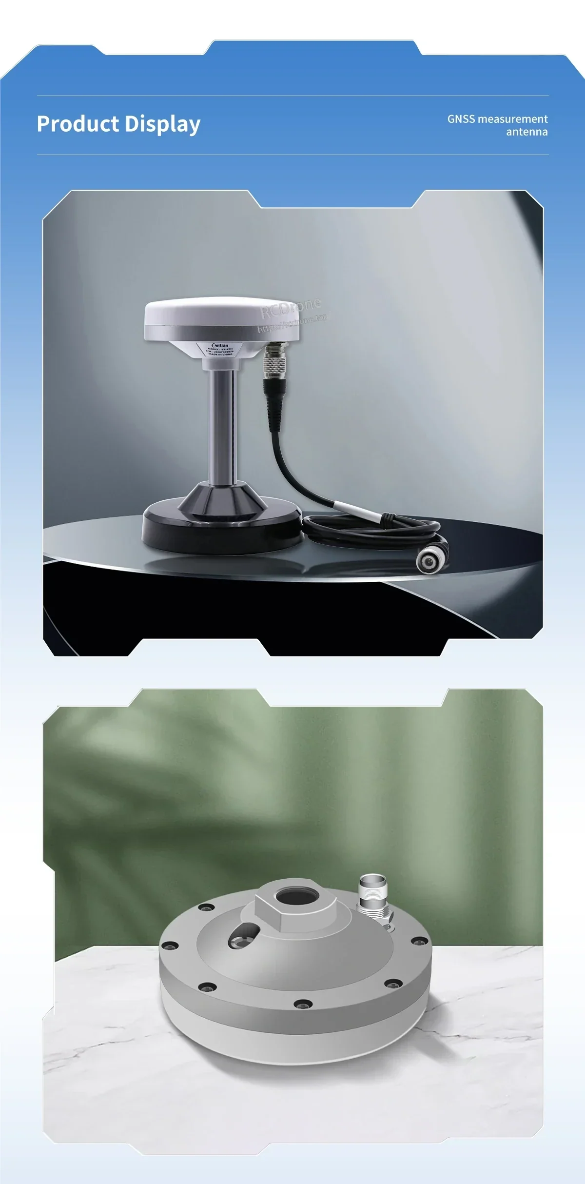 Product display of BT-47N GNSS antenna on a base with attached coax cable plus underside view of the mounting base