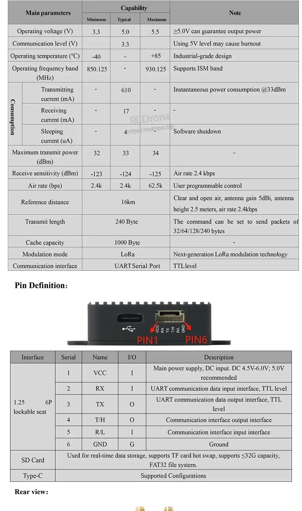 BG-710 LoRa parameters and UART TTL pinout chart with 1.25mm 6-pin connector and TF (microSD) notes