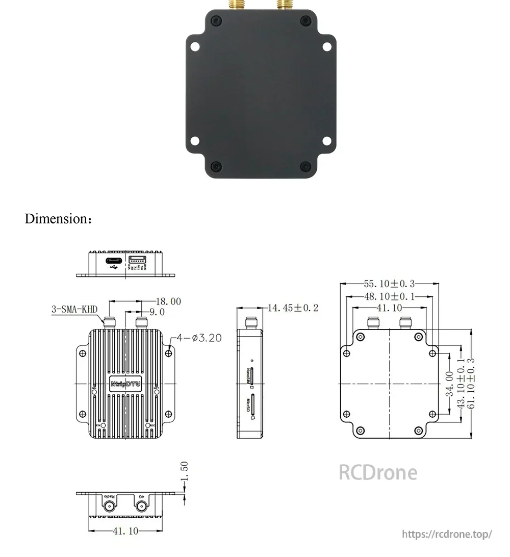 Beitian BG-710 4G + LoRa data radio enclosure rear view and dimension drawing with mounting hole layout