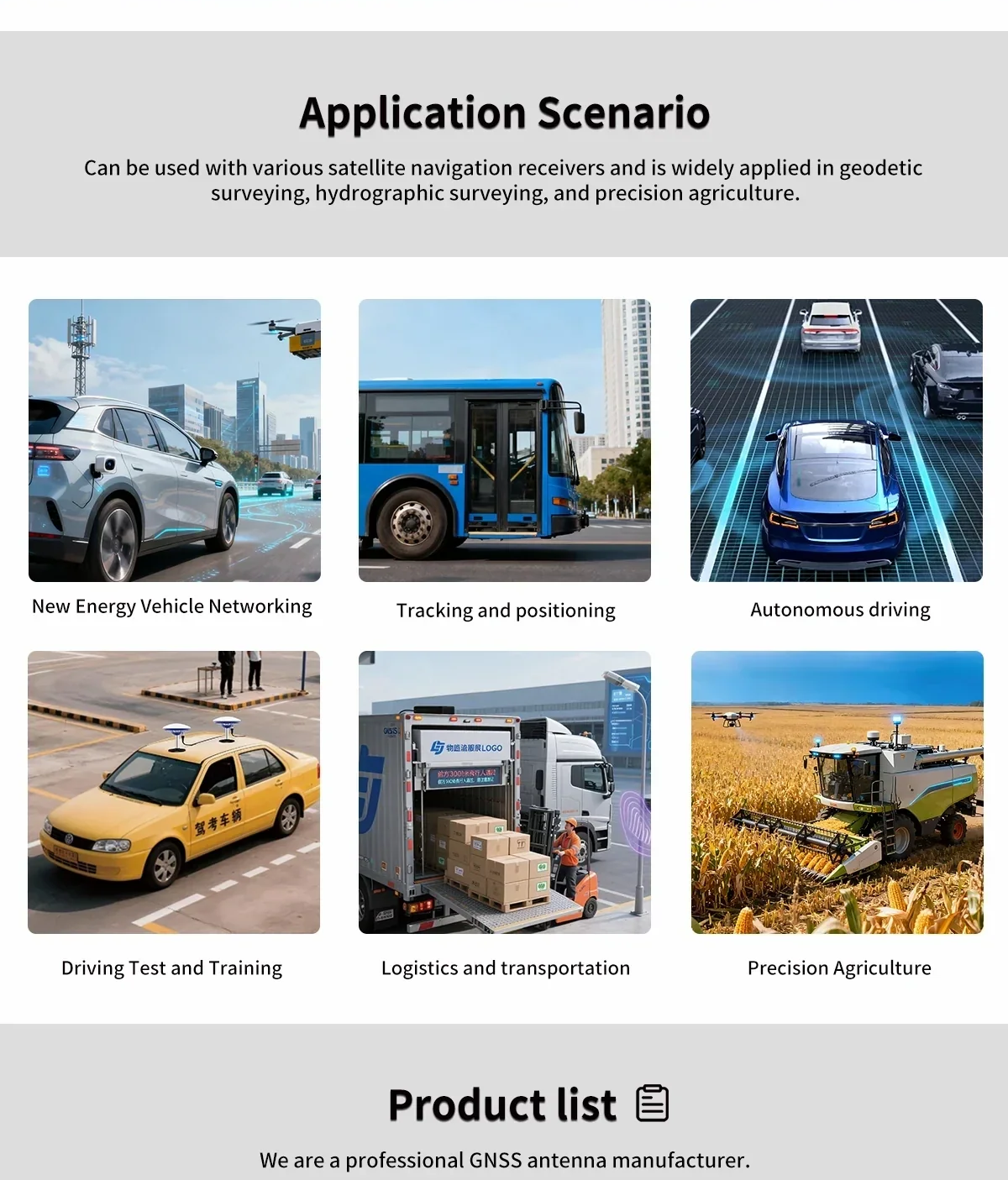 Application scenarios grid for GNSS antenna: vehicle networking, tracking, autonomous driving, training, logistics, precision agriculture