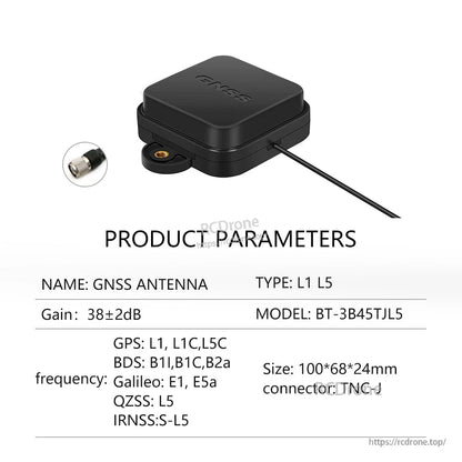 Product parameters for BT-3B45TJL5 L1/L5 antenna with mounting tab, 100×68×24 mm, TNC-J connector