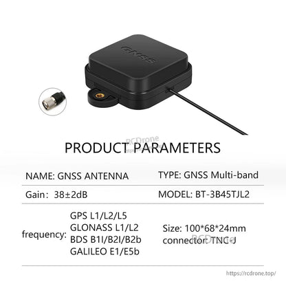 Product parameters for BT-3B45TJL2 GNSS multi-band antenna with mounting tab, 100×68×24 mm, TNC-J