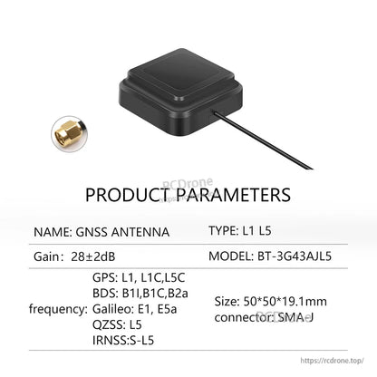 Product parameters for BT-3G43AJL5 L1/L5 GNSS antenna, 50×50×19.1 mm, SMA-J connector
