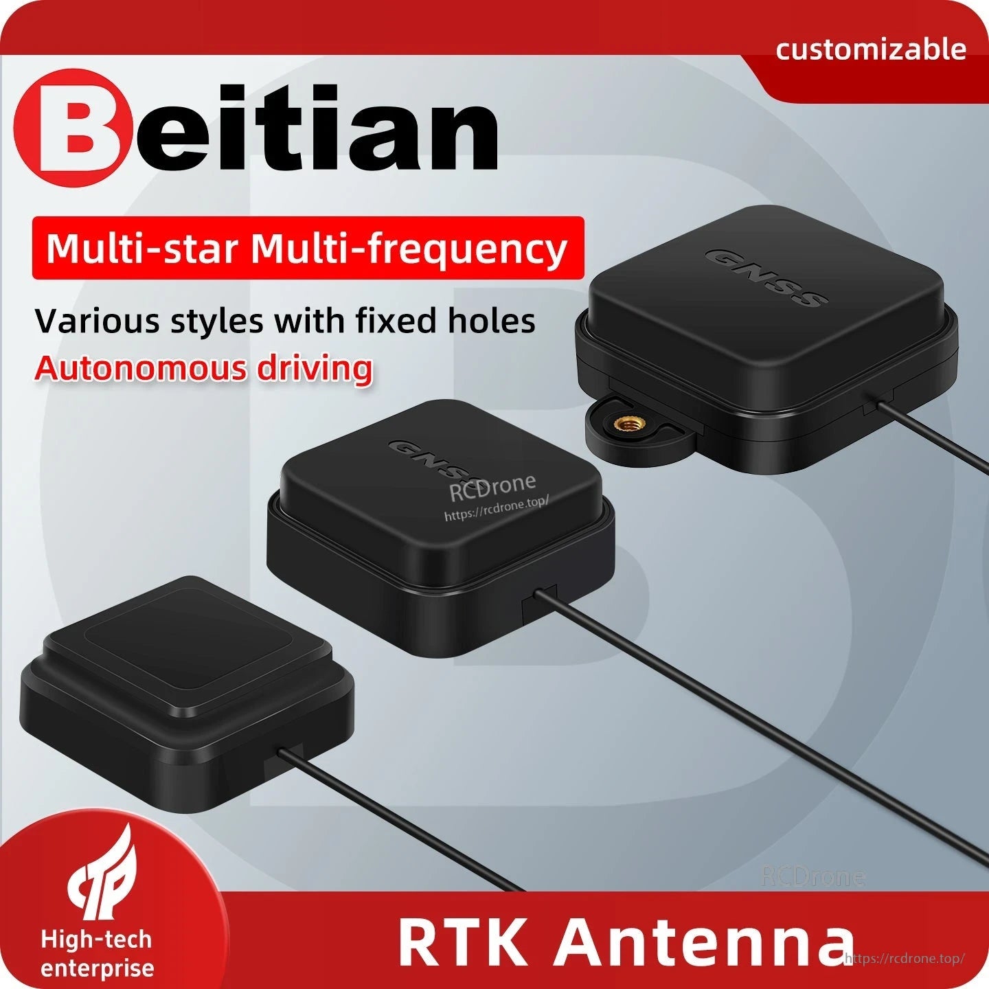 Beitian ANN-MB-00 magnetic GNSS RTK antenna promo graphic showing multiple housing styles and fixed-hole mount