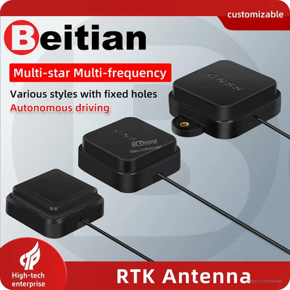 Beitian ANN-MB-00 magnetic GNSS RTK antenna promo graphic showing multiple housing styles and fixed-hole mount