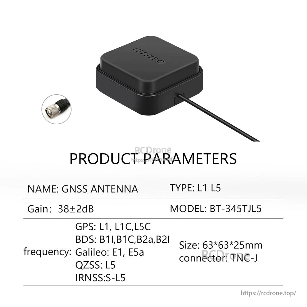 Product parameters for BT-345TJL5 L1/L5 antenna, 63×63×25 mm, TNC-J connector