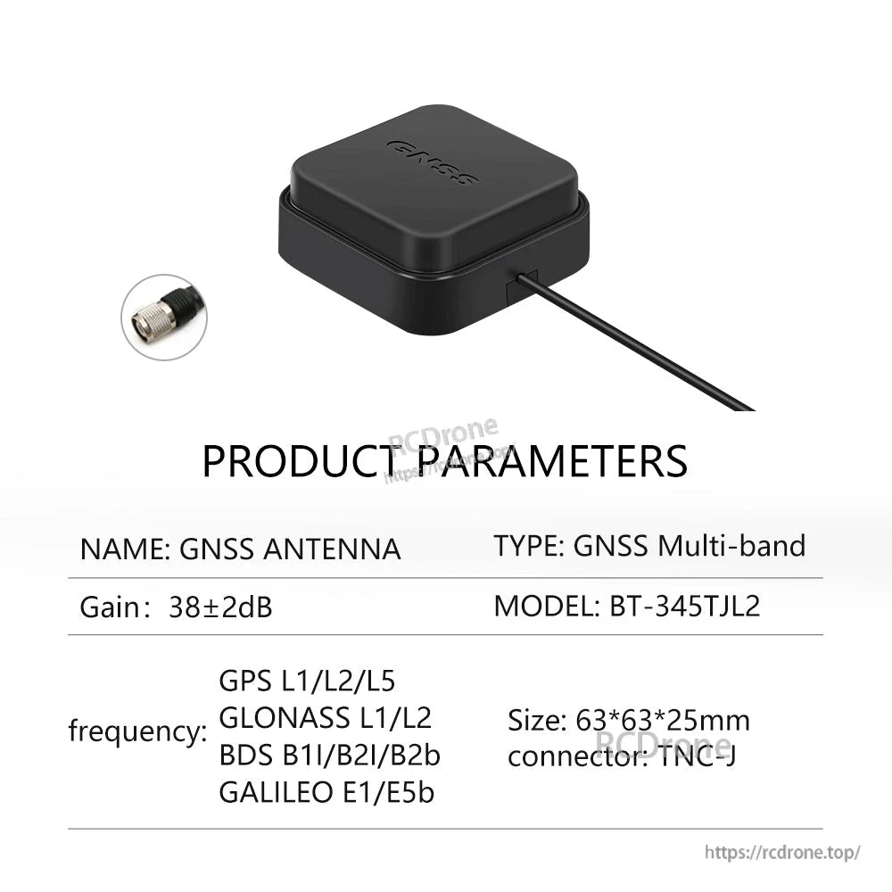 Product parameters for BT-345TJL2 GNSS multi-band antenna, 63×63×25 mm, TNC-J connector