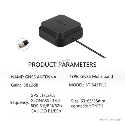Product parameters for BT-345TJL2 GNSS multi-band antenna, 63×63×25 mm, TNC-J connector