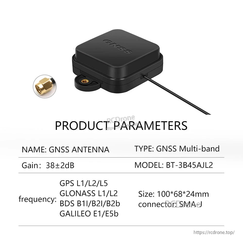 Product parameters for BT-3B45AJL2 GNSS multi-band antenna with mounting tab, 100×68×24 mm, SMA-J