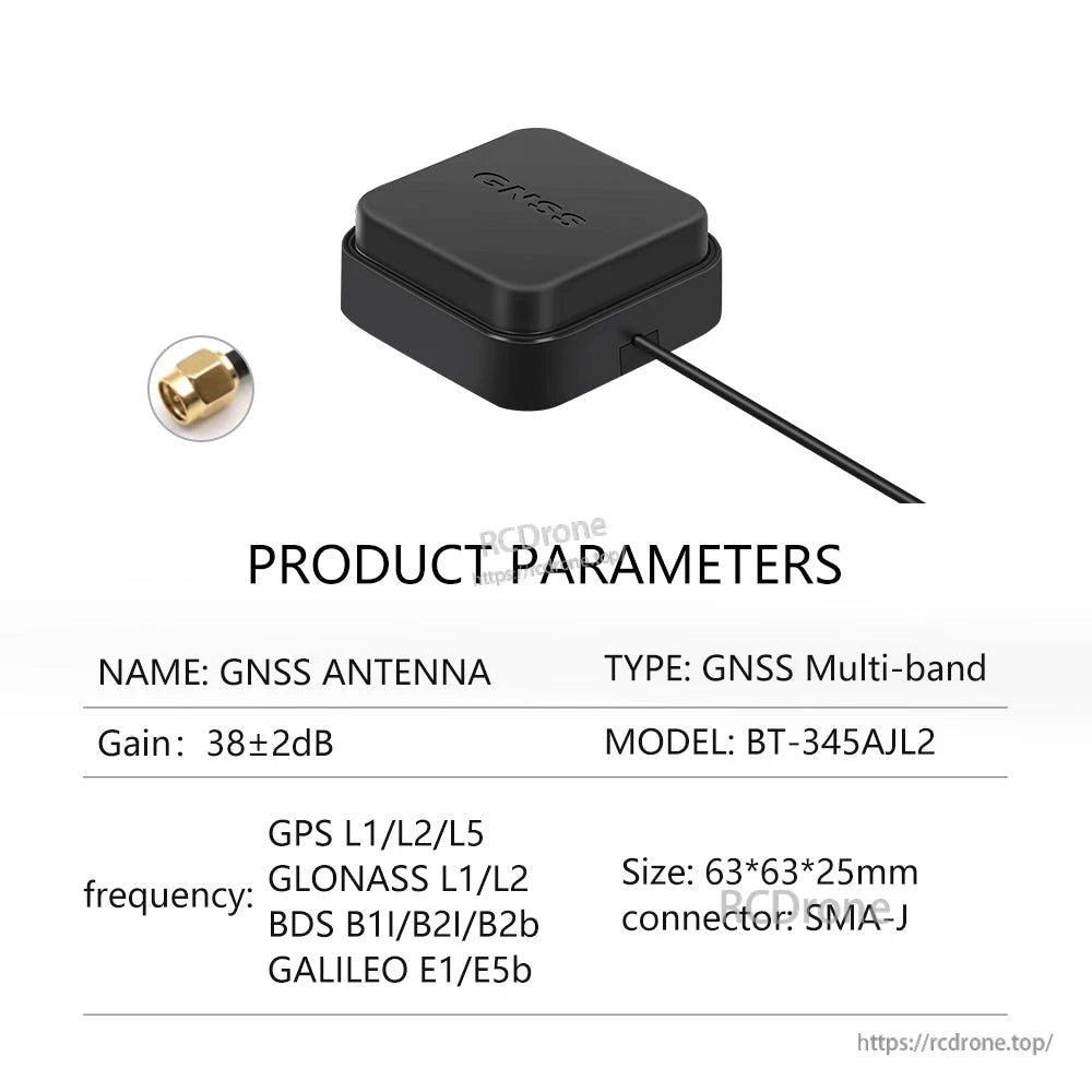 Product parameters for BT-345AJL2 GNSS multi-band antenna, 63×63×25 mm, SMA-J connector