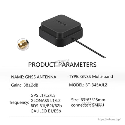 Product parameters for BT-345AJL2 GNSS multi-band antenna, 63×63×25 mm, SMA-J connector