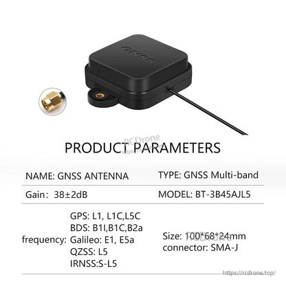 Product parameters for BT-3B45AJL5 L1/L5 antenna with mounting tab, 100×68×24 mm, SMA-J connector