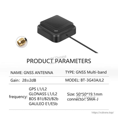 Product parameters for BT-3G43AJL2 GNSS multi-band antenna, 50×50×19.1 mm, SMA-J connector