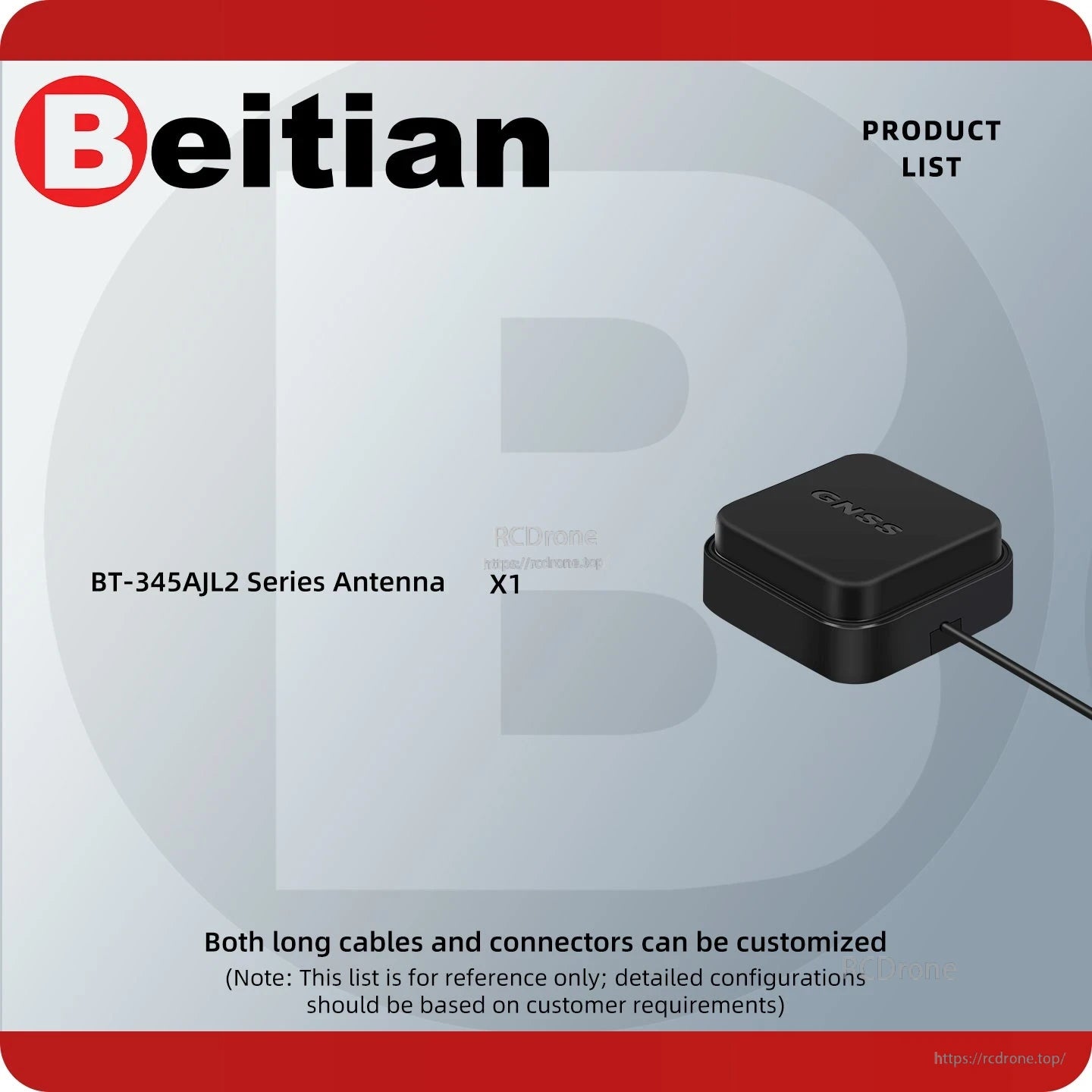 Product list graphic showing BT-345AJL2 series antenna quantity X1 and note about customizable cables/connectors