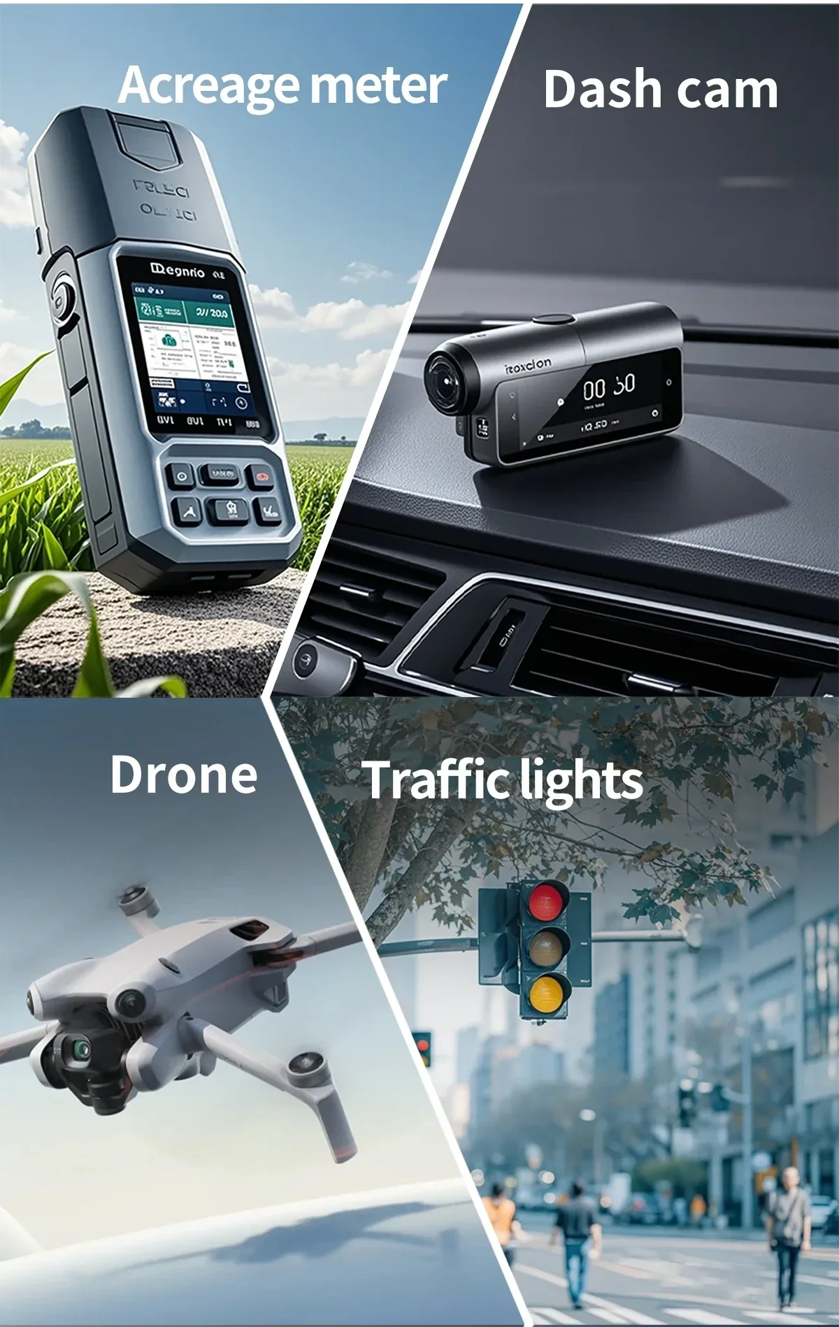 Applicable scenarios for a GNSS antenna: acreage meter, dash cam, drone, and traffic light positioning applications