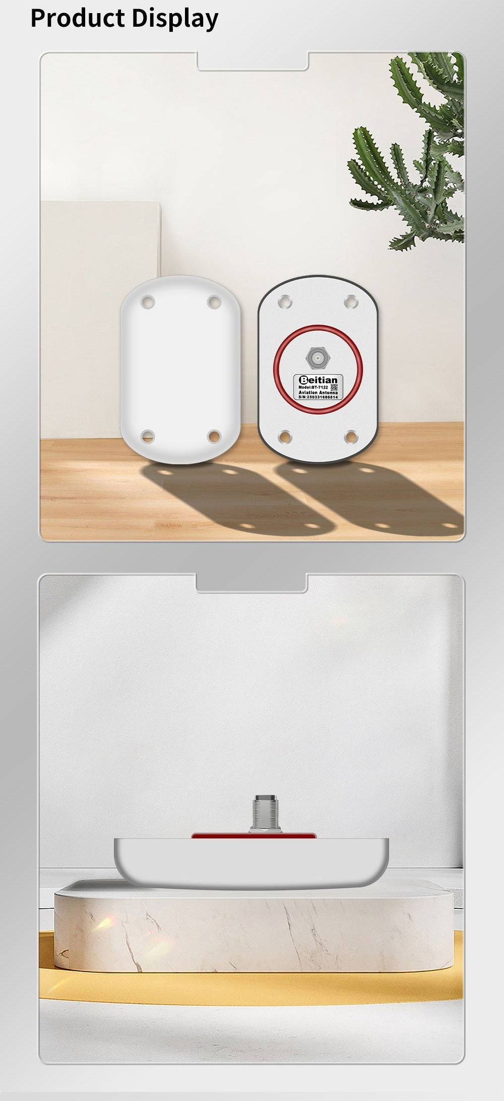 Beitian BT-7112 RTK GNSS multi-frequency antenna product display showing top and side views